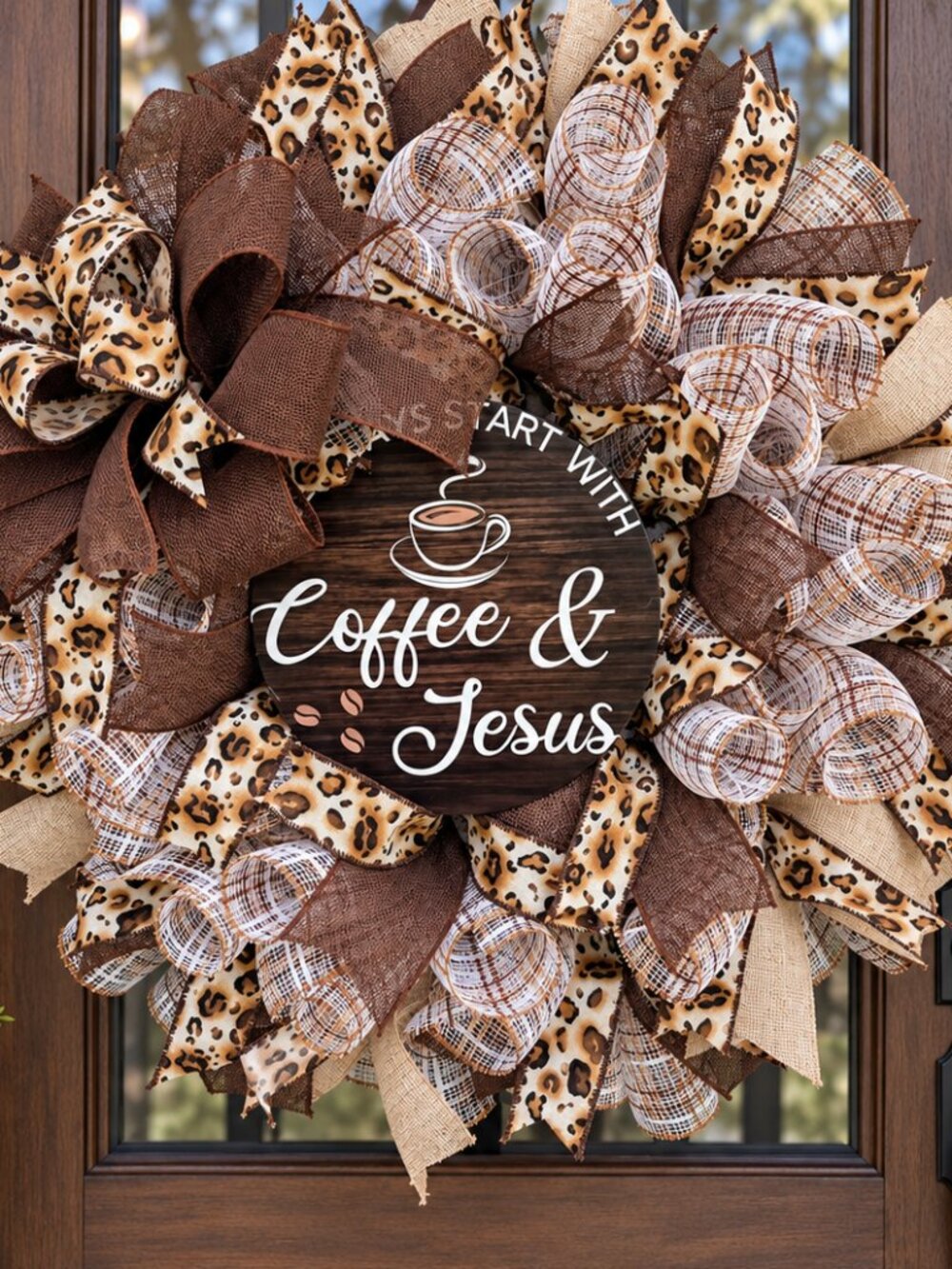 Coffee & Jesus Wreath 22" Handmade Leopard Print Front Door Decor